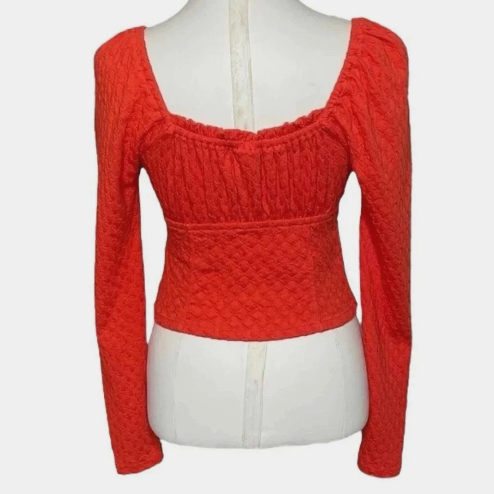 Free People Ladybug Long Sleeve Boho Top S Flambe‎ Red Cropped Puff slv Milkmaid